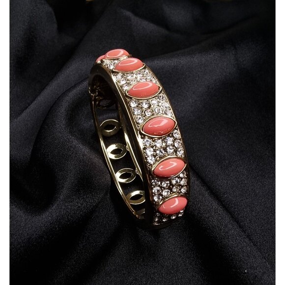 Heidi Daus Gold-Tone Coral Color Cabochon & Crystal Hinged Bangle Bracelet Elega - Picture 1 of 5